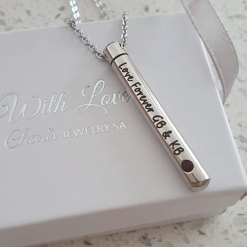 CNE104690 - Personalized Name & Birthstone Barrel Necklace, (lid screws open) Stainless Steel