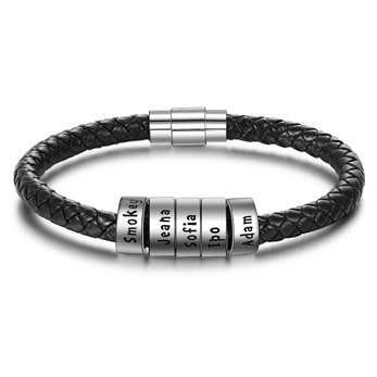 CBA102876 - Men's Personalized Bracelet, Stainless Steel, Black PU Leather Strap