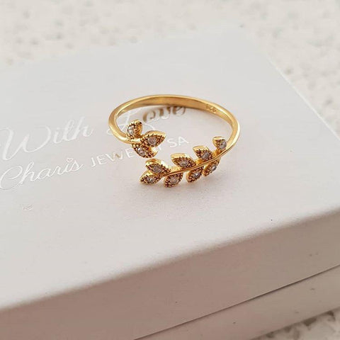 Laylah-Gold, Gold Plated 925 Sterling Silver Leaf Branch Ring