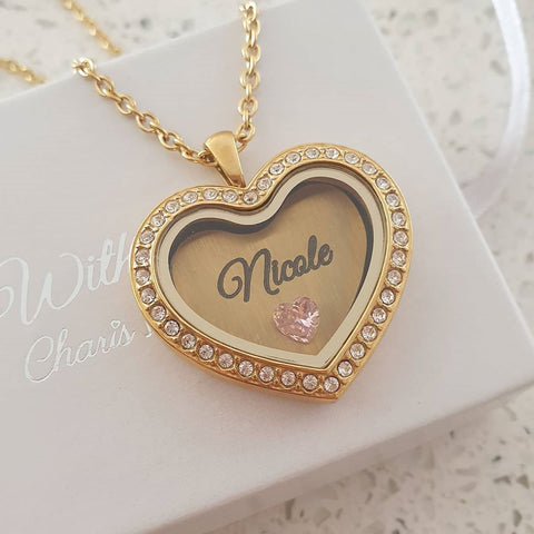 Personalized name and birthstone gold heart floating locket necklace