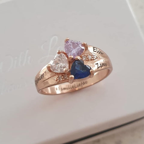 CRI102345 - Personalized Names & Birthstone Hearts Ring, Rose Gold Plated 925 Sterling Silver