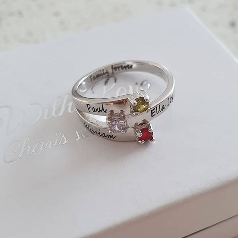 CRI102505 - 925 Sterling Silver Personalized Names & Birthstones Ring