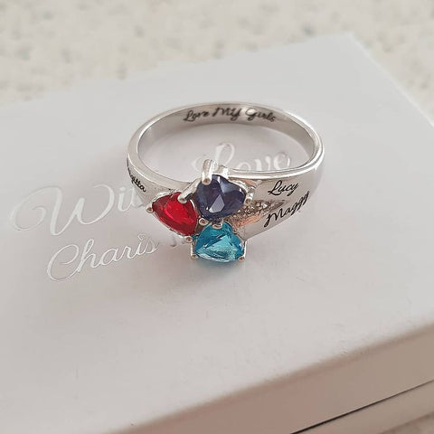 CRI101793 - 925 Sterling Silver Personalized Names & Birthstone Hearts Ring