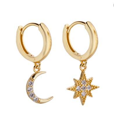Astra, Moon and Star  Dangle Hoops - Stainless Steel