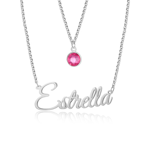 CNE109174 - Sterling Silver Layered Birthstone ＆ Name Necklace