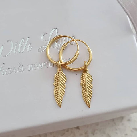 Gold feather hoop earrings
