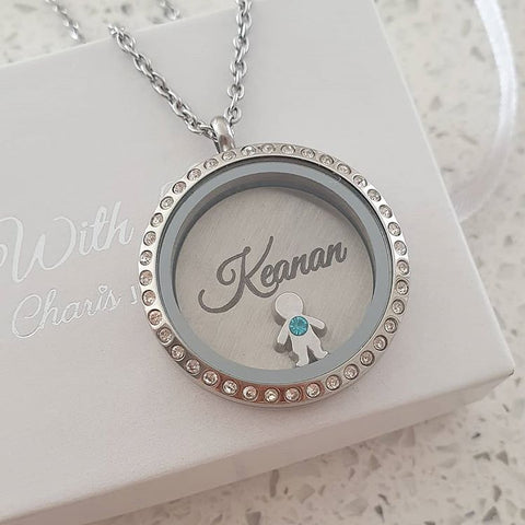 Personalized floating locket necklace with child's name and birthstone