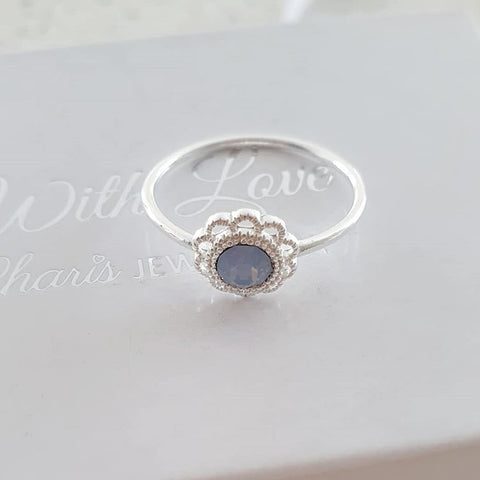 Silver flower synthetic opal ring