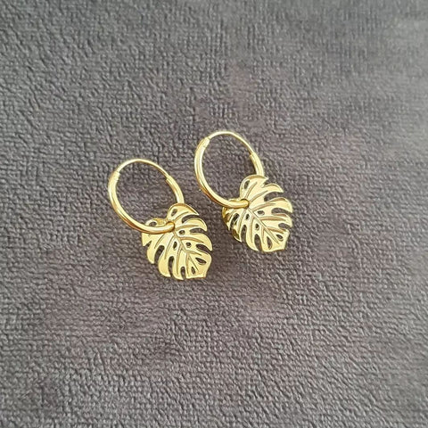Jasmin-Gold, Gold Plated 925 Sterling Silver Leaf Hoop Earrings, Size 12mm hoops