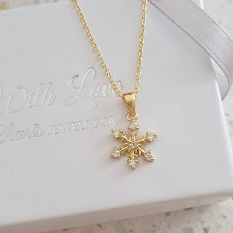 Sune Gold CZ Snowflake Necklace, Gold Plated 925 Sterling Silver, 11x15mm, 45cm chain