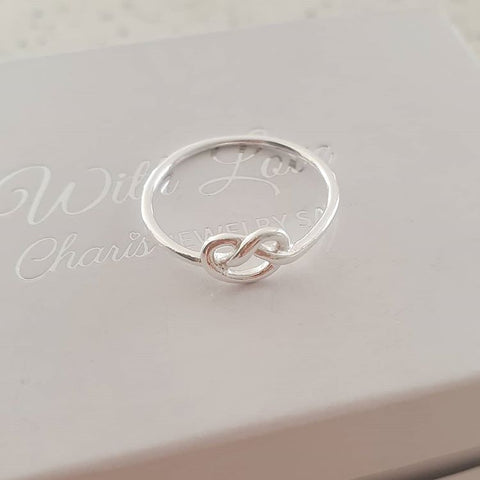 Silver heart knot ring, love or friendship ring