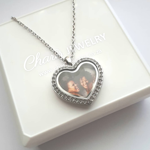 FL58 - Personalized Photo Heart Locket Necklace, Silver Stainless Steel