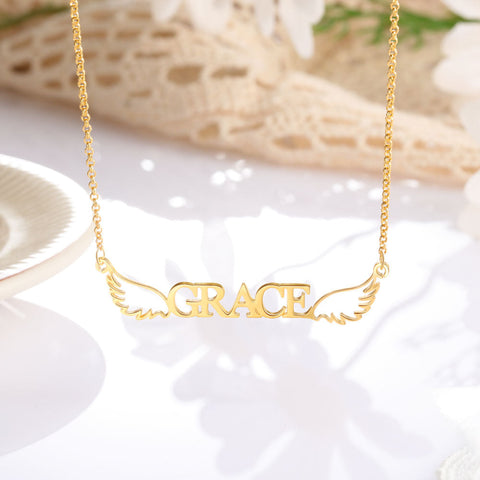 CNE107397 - Gold Plated Sterling Silver Personalized Angel Wing Name Necklace