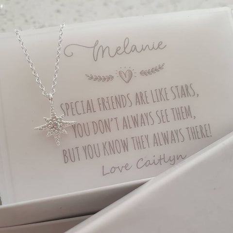 925 Sterling Silver North Star Necklace with Note, 10x11mm on 45cm chain