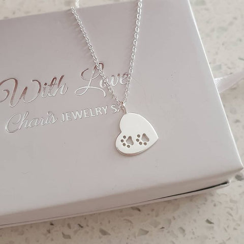 Silver paw print heart necklace