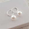 Silver pearl dangle hoop earrings
