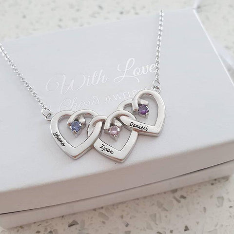 CNE103133 Sterling Silver Trio of Hearts with Birthstones Necklace