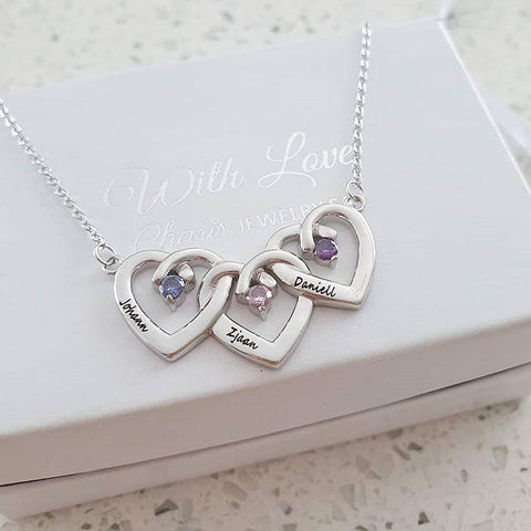 Personalized silver hearts with birthstones necklace