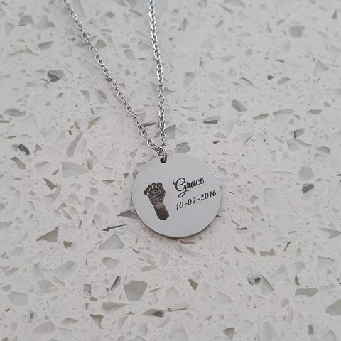 Gabriella Personalized Baby Footprint Necklace, Stainless Steel (SILVER, GOLD OR ROSE GOLD, READY IN 3 DAYS)