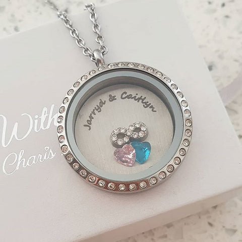 Personalized floating locket necklace with names and birthstones