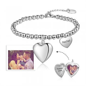 CBA103785 - Personalized Photo Locket Bracelet, Adjustable, Stainless Steel