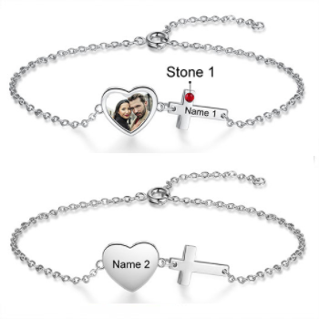 Personalized photo name and birthstone Cross Bracelet