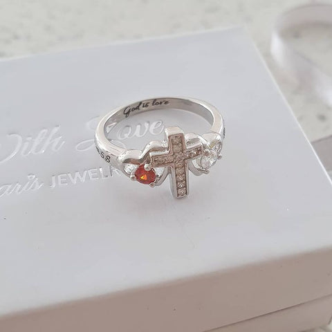 CRI103599 - Personalized 925 Sterling Silver Cross Birthstone Ring