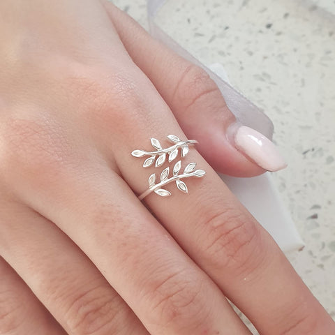 silver olive branch leaf ring