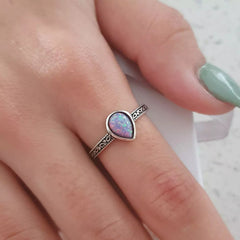 Silver opal pear ring
