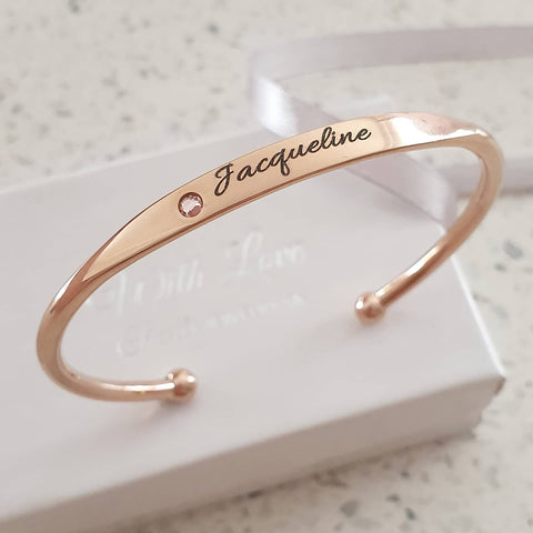 CBA102583 - Personalized Words & Birthstone Bangle, Rose Gold Plated Stainless Steel, 5mmx18cm