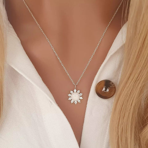 Silver flower opal necklace