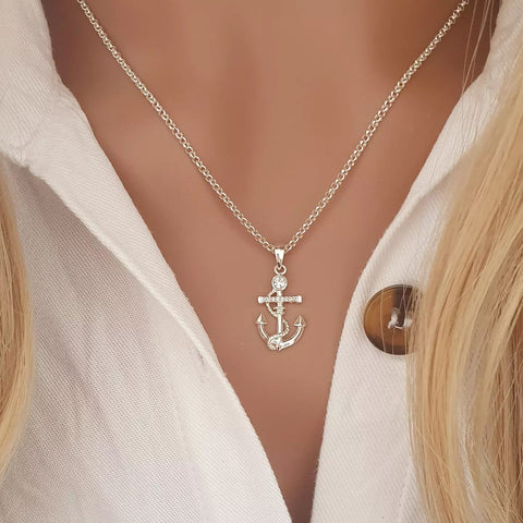 Anastasia 925 Sterling Silver CZ Anchor Necklace, Size: 11x19mmon a 45cm rolo chain
