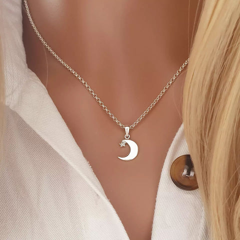 Skylar 925 Sterling Silver Moon and Star Necklace, 10x12mm on 45cm rolo chain