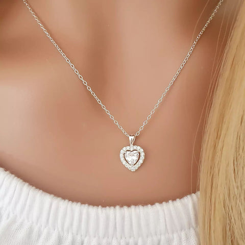 Amber 925 Sterling Silver Dainty CZ Heart Necklace, 9mm, 45cm chain