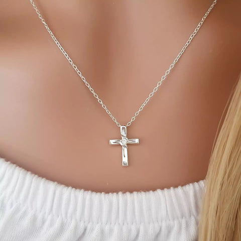 Believe 925 Sterling Silver CZ Cross Necklace, 10x15mm on 45cm chain