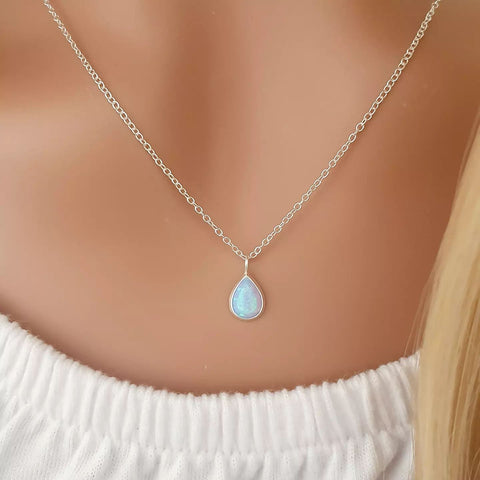 Silver synthetic opal pear shape necklace