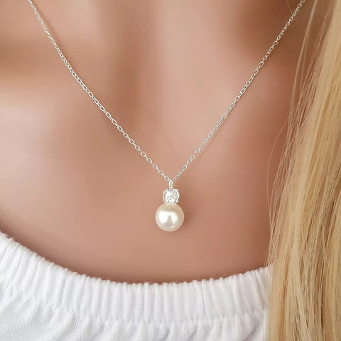 Tyler 925 Sterling Silver CZ Synthetic Pearl Necklace, 7x11mm on 45cm chain