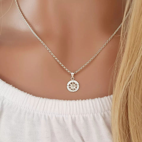 Journey 925 Sterling Silver Compass Necklace, 10x10mm on a 45cm rolo chain