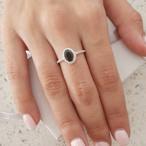 Silver jet black stone ring