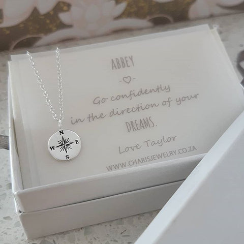 Cassie 925 Sterling Silver Compass Necklace, Size: Dainty 10mm, with Personalized Note